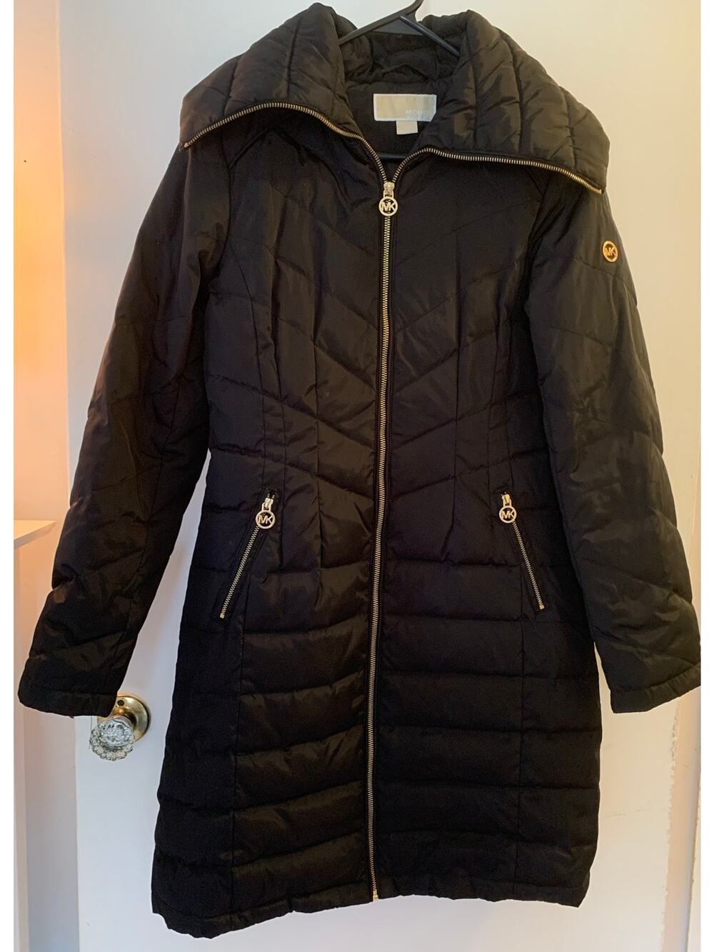 Michael Kors Long Puffer Jacket Quilted Full Zip Coat Black XS Gold Hardware